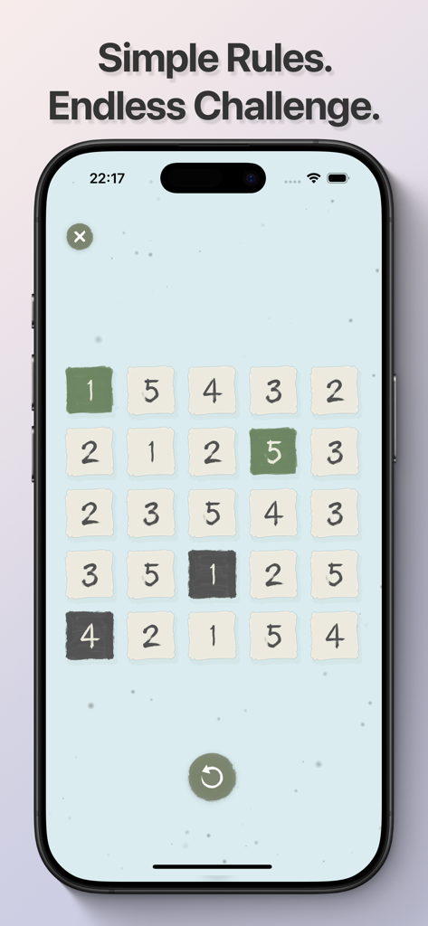 Hitori Zen Number Game app screenshot showing a 5x5 logic puzzle grid with minimalist design and simple rules.