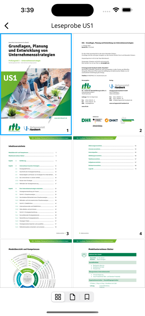 Betriebswirt HwO - Anteprima del materiale di studio di strategia aziendale e panoramica dei moduli nell'app Betriebswirt HwO.