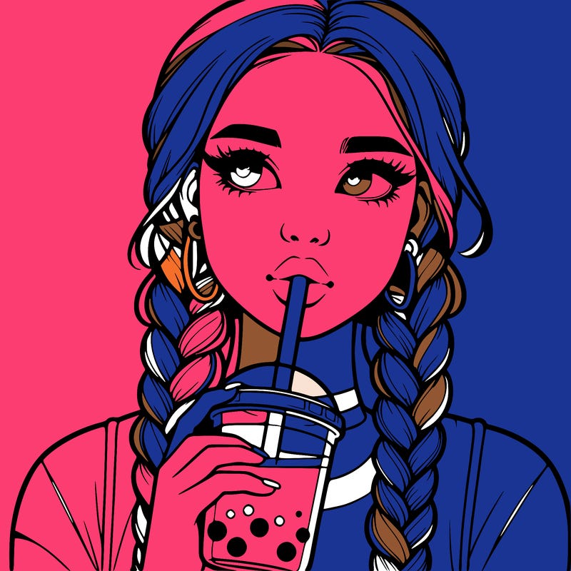 realistic girl with braided hair drinking boba