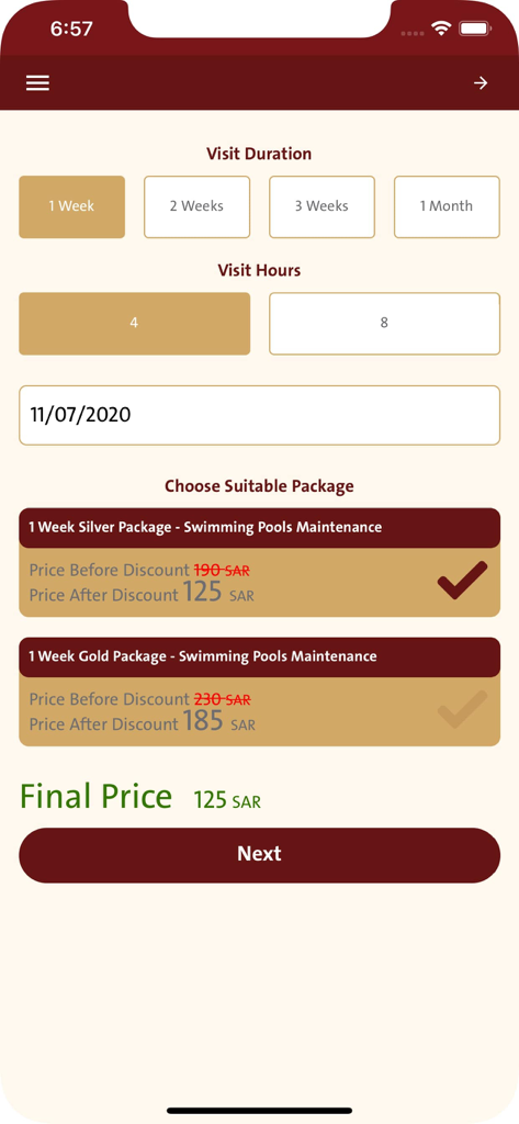 Awon App Bildschirm zur Buchung von Schwimmbadwartungsdiensten mit Dauer- und Paketoptionen