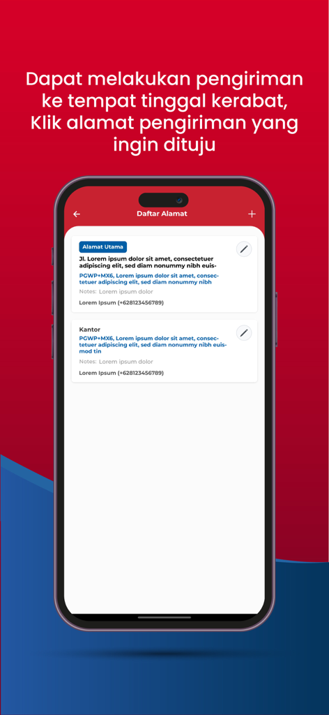Midi Kriing mobile app screen showing a list of saved delivery addresses for grocery orders.