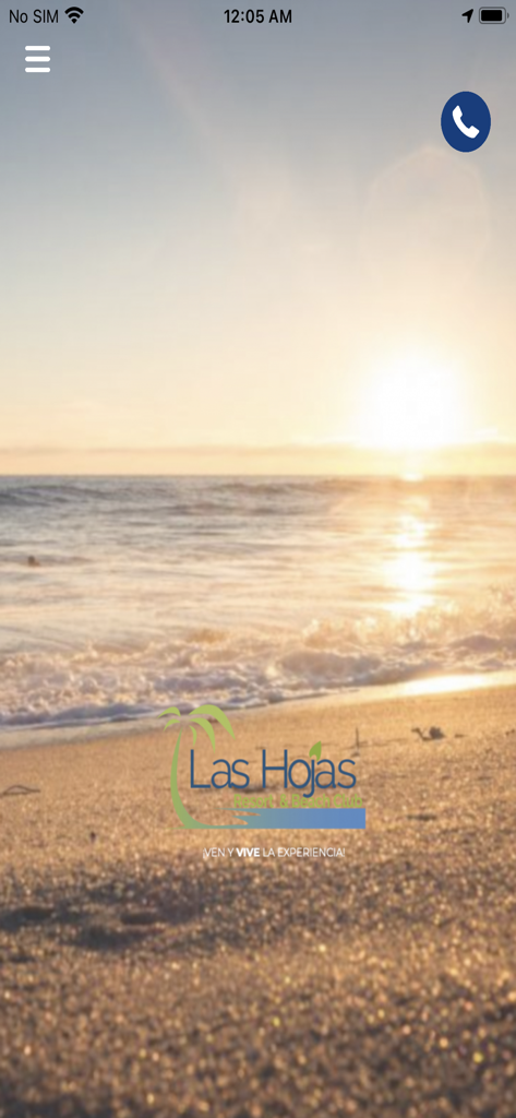 Las Hojas Resort - La pantalla de inicio de la aplicación Las Hojas Resort con un fondo de playa al atardecer y el logo oficial.