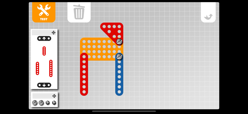 Mecanic - Interfaccia intuitiva per l'assemblaggio di parti meccaniche colorate e viti nell'app Mecanic