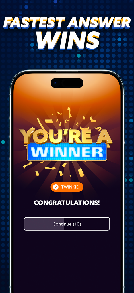 Best Guess Live - Schermata vincente del gioco a quiz mobile Best Guess Live che mostra Hai vinto e la risposta corretta Twinkie.