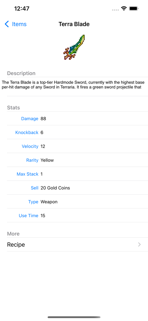 Statistiques et description détaillées de l'arme Terra Blade dans l'application Helper pour Terraria