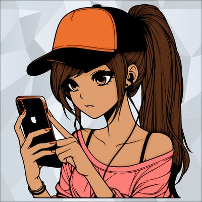 realistic girl with a long ponytail and trucker hat holding an iphone