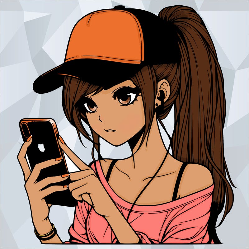 realistic girl with a long ponytail and trucker hat holding an iphone