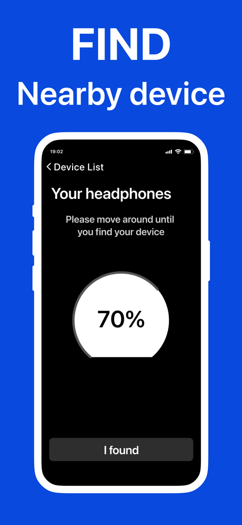 tracker detect - Smartphone displaying a device tracking app with a percentage indicator for finding nearby headphones
