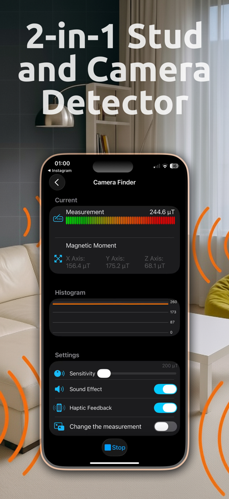Device Detector - Spy Finder - Captura de pantalla de la aplicación Device Detector mostrando mediciones de campo magnético en tiempo real y gráficos de señales para encontrar cámaras ocultas.