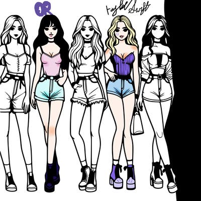 realistic group of full body girls with different aesthetics