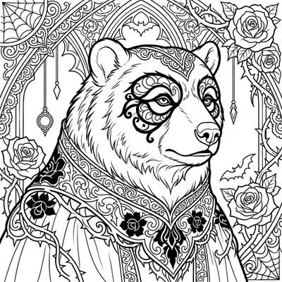 Embark on a unique coloring journey with this majestic spectacled bear, adorned with a captivating Gothic mask and ornate attire. This intricate design invites you to explore a world of dark elegance and creative expression.