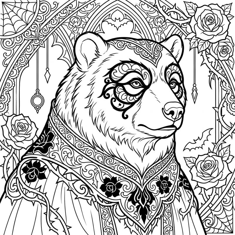 Embark on a unique coloring journey with this majestic spectacled bear, adorned with a captivating Gothic mask and ornate attire. This intricate design invites you to explore a world of dark elegance and creative expression.