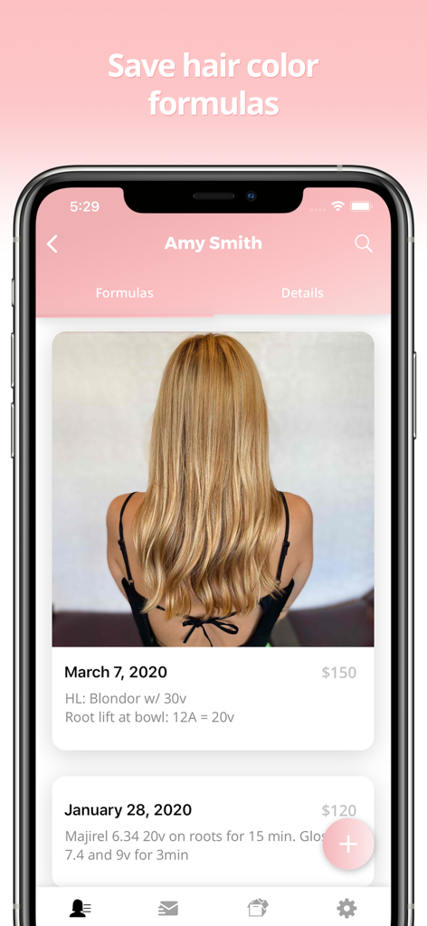 Gloss: Save Formulas & Clients - A client profile screen in the Gloss app showing hair color formulas and photos for professional stylists.