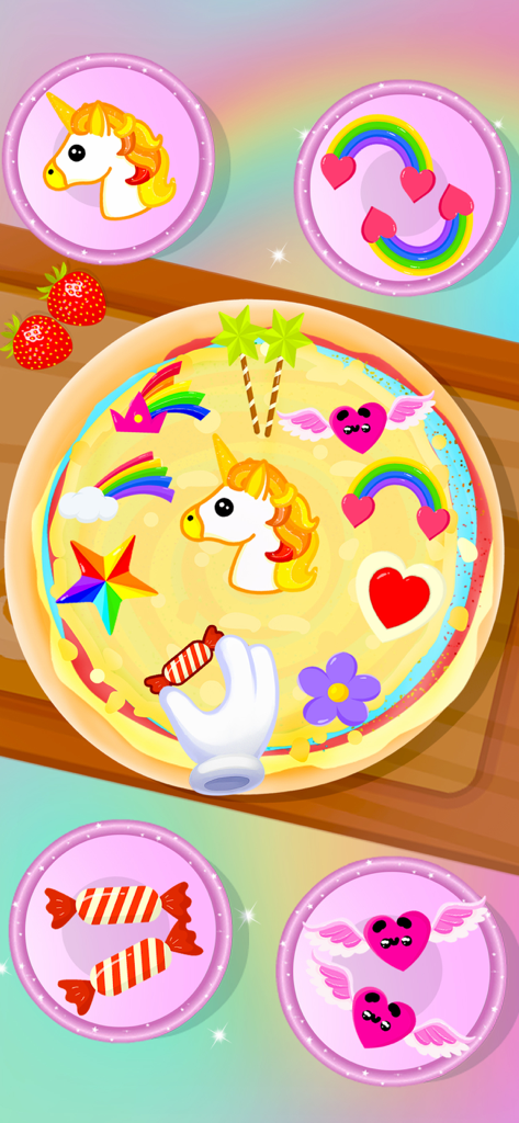 Unicorn Cooking Girl Games App - A colorful pancake being decorated with unicorn and rainbow stickers in a kids cooking app