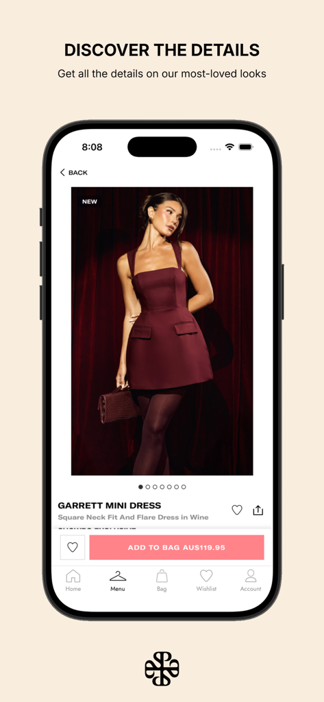 Showpo: Fashion Shopping - Interface de l'application Showpo montrant la robe Garrett Mini en couleur Vin avec un appel à l'action pour découvrir les détails du produit