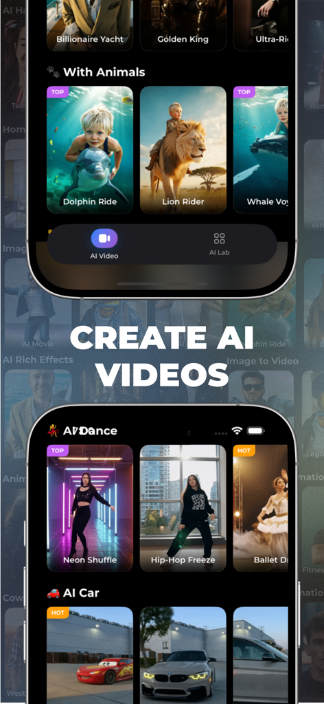 Interfaz de la aplicación Astoria AI que muestra varios filtros de vídeo creativos, incluyendo paseos de animales y estilos de baile con el texto Crea Vídeos con IA.