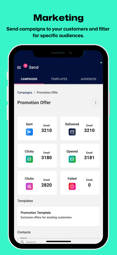 Squeegee app marketing dashboard showing email campaign performance metrics and templates.