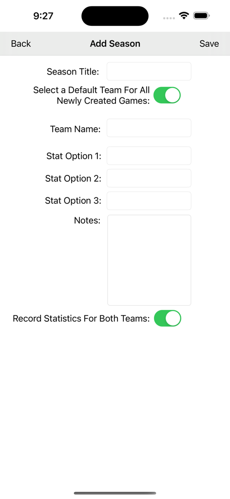 Basketball Analytics - 농구 팀 통계 및 맞춤 지표 추적을 위한 시즌 추가 설정 화면