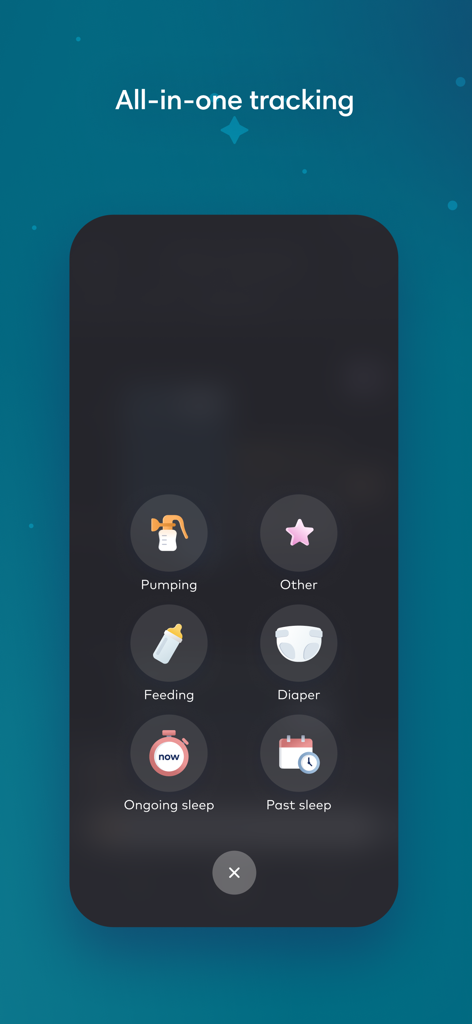 Smart Sleep Coach by Pampers app interface showing all in one tracking for pumping feeding diapers and sleep