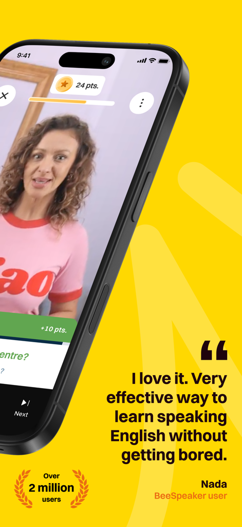 BeeSpeaker app screen showing a video lesson and a positive user testimonial about learning to speak English