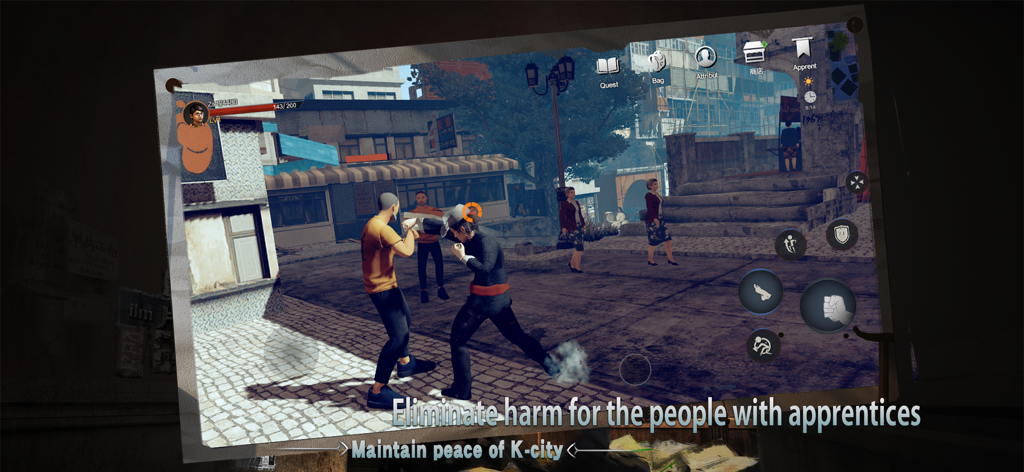 Pre Master - Una scena di combattimento di arti marziali in Pre Master che mostra un personaggio combattere in una strada di città con elementi dell'interfaccia di gioco.