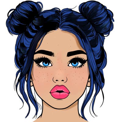 realistic girl with two buns on her hair and lips