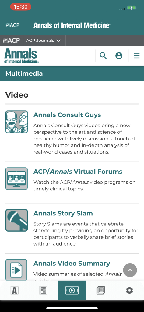 Multimedia section of the Annals of Internal Medicine app featuring medical video content
