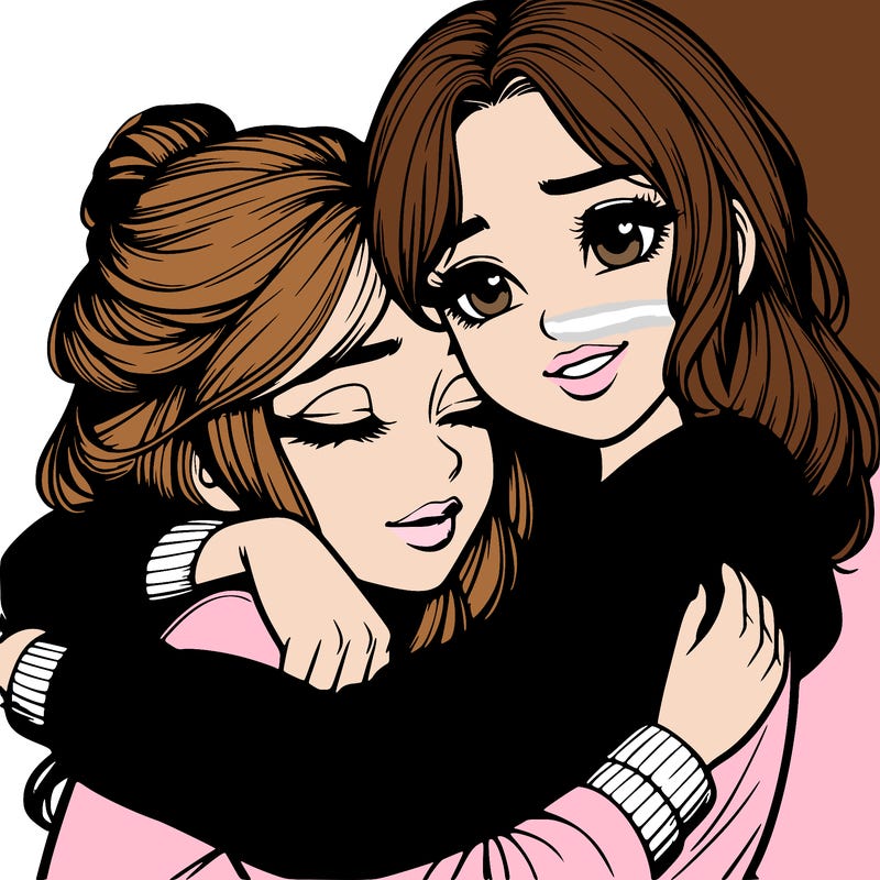 realistic 2 girls hugging each other