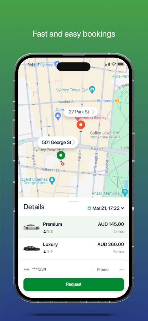 LuxCar Chauffeur Service - LuxCar app interface for booking premium and luxury chauffeur rides with a real time map