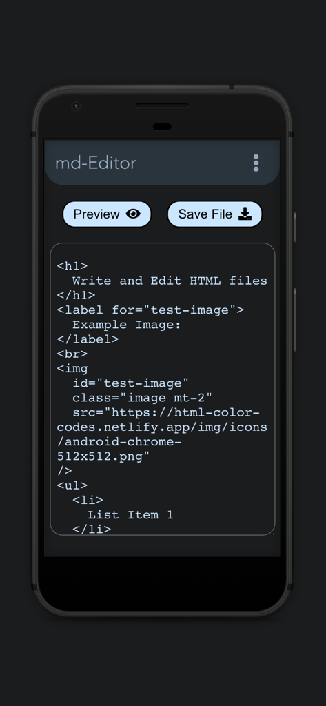 Mobile app interface of Markdown Editor showing HTML code editing with preview and save buttons