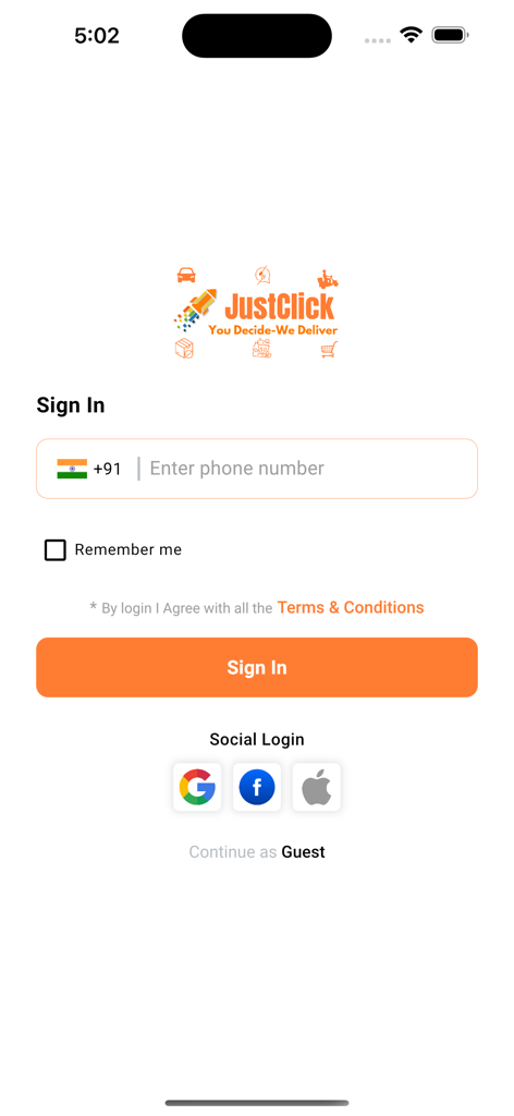 JustClick - Food & Grocery App - JustClickアプリのサインイン画面、電話番号入力およびソーシャルログインオプション付き