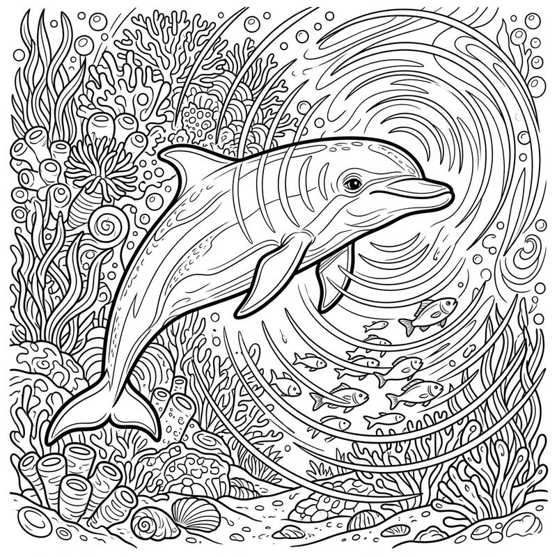 Discover the fascinating world of dolphin echolocation with this engaging coloring page. Illustrating a dolphin using its natural sonar to navigate and hunt amidst a vibrant coral reef, this intricate design promises hours of creative fun.