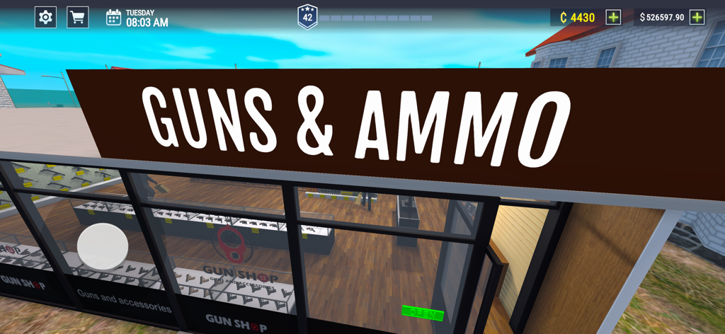 Gun Shop Simulator 3D Shooting - Exterior view of a virtual gun shop named Guns and Ammo with firearms visible through the glass windows.