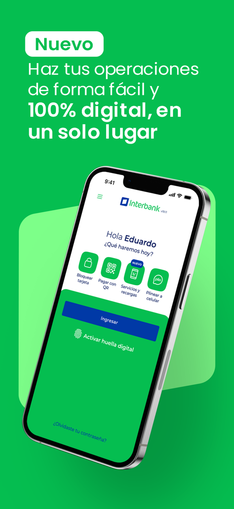 Interbank mobile banking app interface showing login screen with quick actions for payments and card security