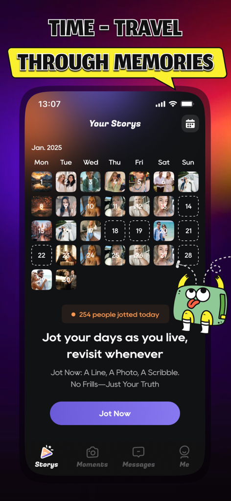 Truel app interface showing a monthly calendar view with photo thumbnails for each day to track memories