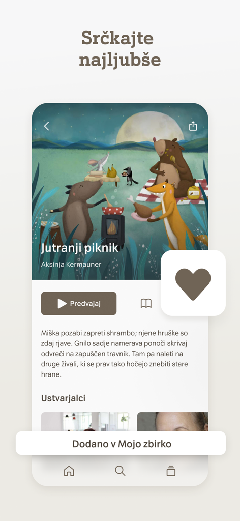 Lahkonočnice - A screenshot of the Lahkonočnice app showing a bedtime story titled Morning Picnic being added to a personal favorite collection.