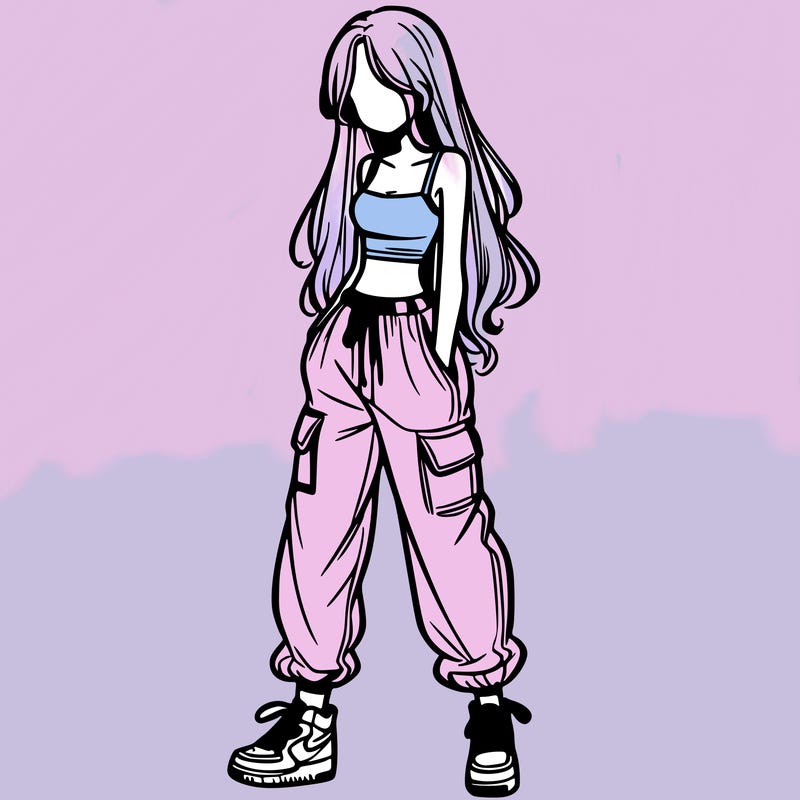 girl in baggy pants crop top and long hair