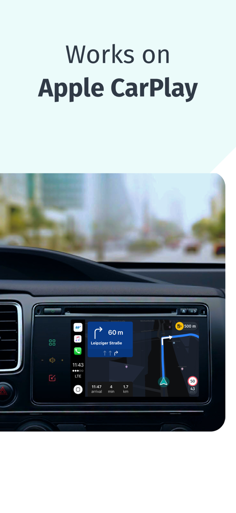 HERE WeGo navigation app interface displayed on a car dashboard via Apple CarPlay