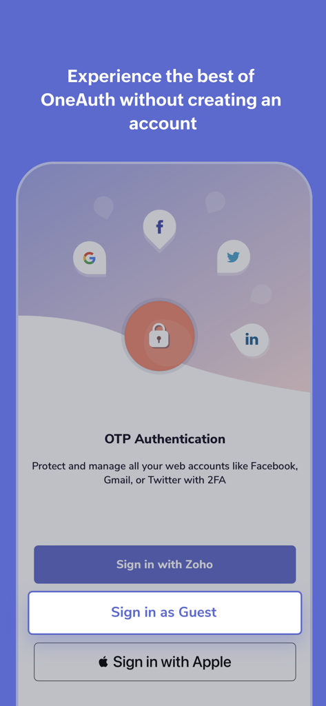Authenticator App - OneAuth - OneAuth app screen showing sign-in options for Zoho, Apple, and Guest mode for OTP authentication
