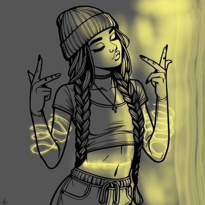 realistic teenage girl with braids and a beanie and crop top doing 🫶🏼
