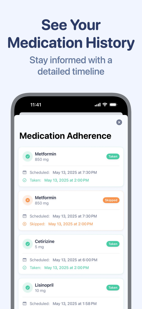 Pillio Pill Reminder & Tracker - Medication adherence history screen showing a detailed dose timeline