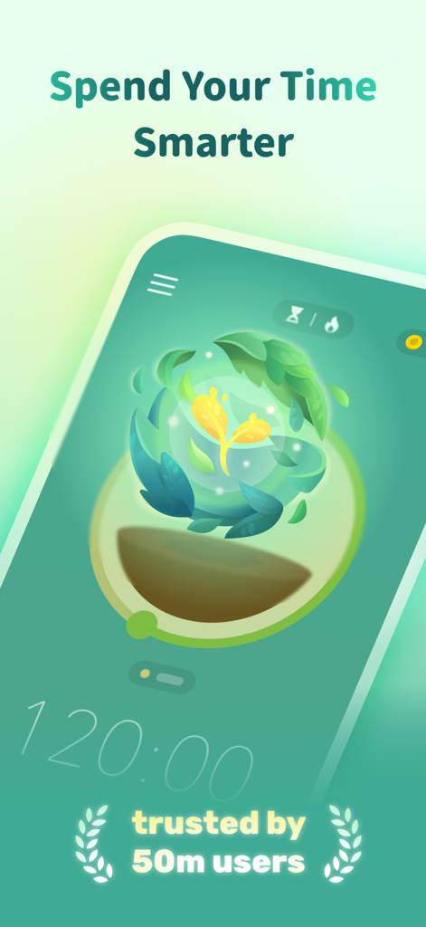 Forest: Focus for Productivity - Promotional screen of Forest app showing a glowing seedling and a 120 minute focus timer