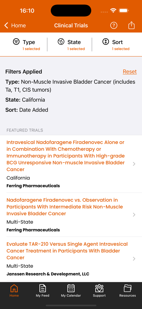 BCAN Bladder Cancer App - Clinical trials search results for bladder cancer in the BCAN app filtered by state and disease type.