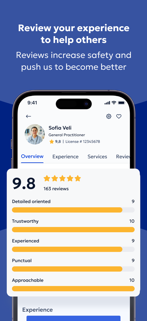 Doctoranytime - Doctor profile showing detailed ratings and patient reviews on the Doctoranytime app