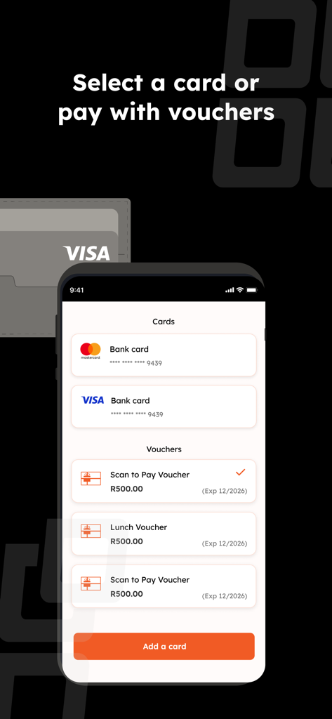 Mobile app screen showing options to pay with saved bank cards or digital vouchers.