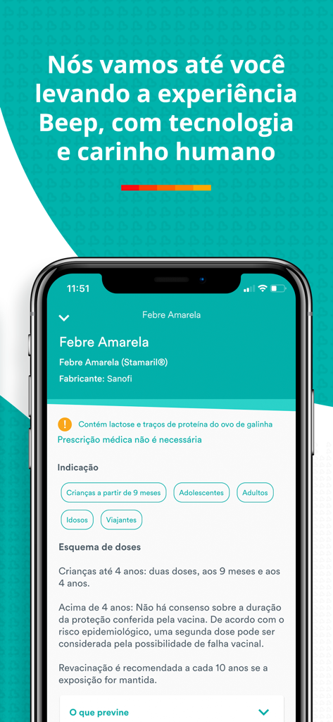 Pantalla de smartphone que muestra información detallada y calendarios de dosis para la vacuna contra la fiebre amarilla dentro de la aplicación Beep Saude.