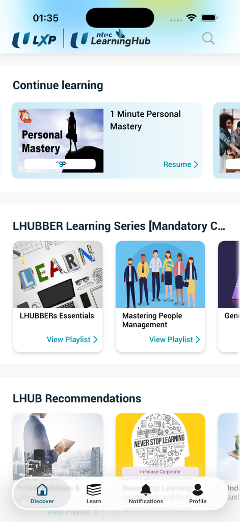 LHUB LXP Enterprise mobile app dashboard showing corporate training courses and bite-sized learning modules