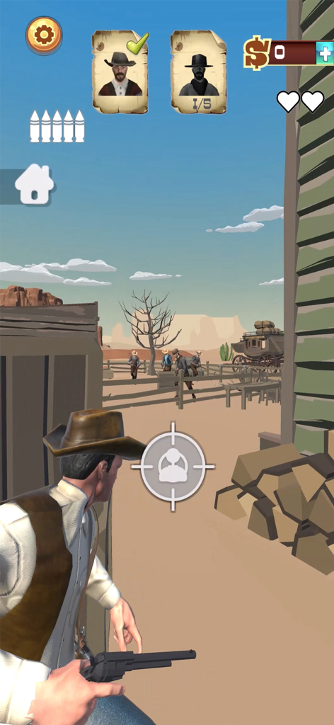 Wild West Cowboy Redemption - Personaje vaquero apuntando a enemigos en un juego de disparos del salvaje oeste
