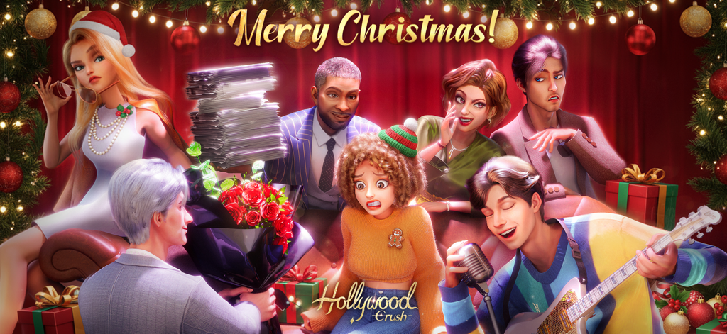 Hollywood Crush - Grupo de personajes del juego móvil Hollywood Crush celebrando la Navidad con regalos y música en un ambiente festivo