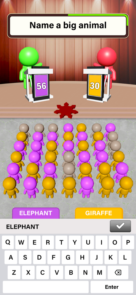 Una pantalla de trivia de juego móvil que muestra una indicación para nombrar un animal grande con elefante y jirafa como opciones y un teclado para la entrada.